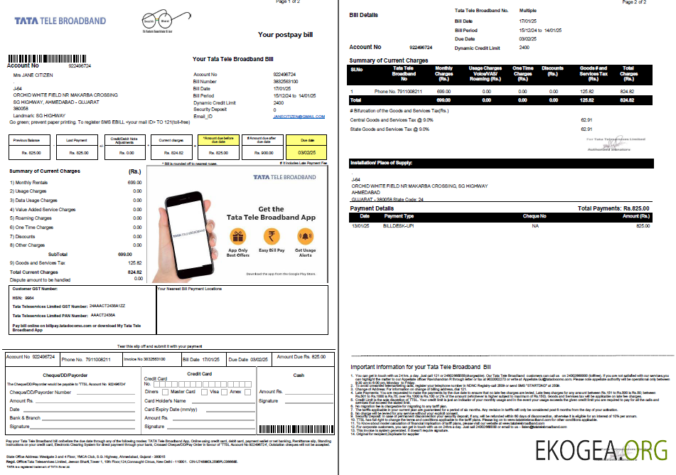 India Tata Tele Broadband utility bill template in Word and PDF formats, 2 pages